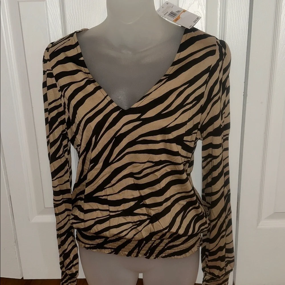 Michael Kors MK Women's Animal-Print Zebra Smocked Top Blouse Shirt Small S NWT